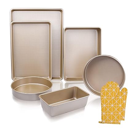 Kitcom Nonstick Bakeware Sets Textured 6-Piece with Cookie Sheet Set, Roasting Pan, Round Cake Pan, Loaf Pan, Heavy Duty Carbon Steel Premium Baking Pans, Champagne Gold