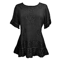 Agan Traders Medieval Vintage Boho Round Neck Embroidered Tops for Women - Casual Back Tie Short Sleeve Women's Blouses