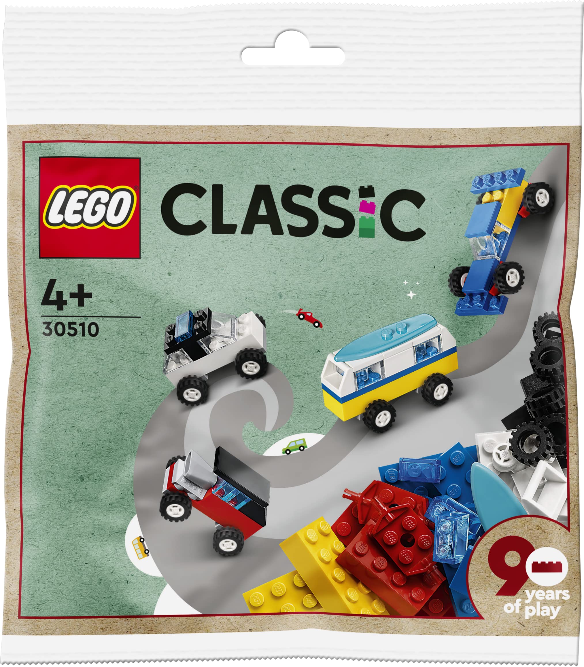 LEGO Classic 30510 90 Years of Cars 71 Piece Iconic Cars Toy Set Polybag with 4 Mini Build Cars for Builders Aged 4 and Up, Multicolor