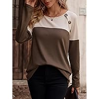 Women's Tops Women's Tops and Blouses Two Tone Waffle Knit Tee Women's Tops Casual (Color : Multicolor, Size : Large)
