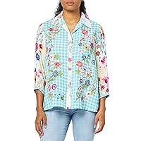 John Mark Women's Plaid Embroidered Button Front with Ruffle Back Floral and Three Quarters Sleeves