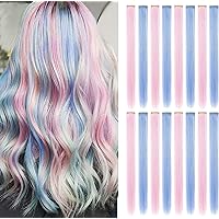 Princess Party Highlight Light Pink Light Blue Hair Pieces Colored Hair Extensions Clip in for America Girls and Kids Wig Pieces for Dolls 14Pcs(Light Bule Light Pink)