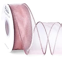 Ribbli Dusty Rose Organza Wired Ribbon, Rose Gold Sheer Ribbon with Metallic Edge,1-1/2 Inch x 20 Yards Christmas Tree Ribbon for Decoration Gift Wrapping Wedding Crafts
