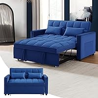 Convertible Sofa Couch 3-in-1 Multi-Functional Velvet Pull-Out Bed, 55'' Loveseat Chaise Lounge with Adjustable Backrest and Pillows, Blue