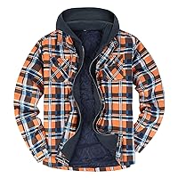 Mens Full Zip Quilted Lined Flannel Plaid Shirts Jacket Thicken Warm Coats Hooded Outerwear Plus Size Winter Coat