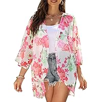 Chunoy Women Casual Short Sleeve Floral Print Lightweight Chiffon Kimono Cardigan Loose Beach Cover Up Blouse Top