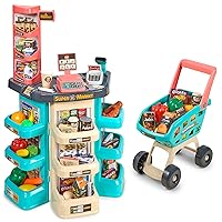 MEDca Kids Play Supermarket Set with Scanner - Pretend Play Grocery Shop Set - 47 Piece Complete Playset with Cash Register Credit Card Machine Scanner Shop Trolley and Food Gift for Boys and Girls