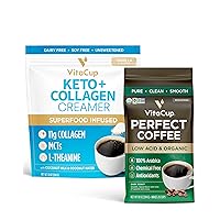 VitaCup Perfect Low Acid Coffee Beans, 10 oz & Keto + Collagen Vanilla Creamer, 10 oz | Infused with Superfoods (Collagen, Coconut Water, MCT, Dairy-Free) for body and brain health