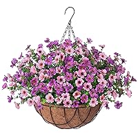 Artificial Silk Flowers Hanging Basket for Outdoor Indoor,Daisy with Eucalyptus Leaves Arrangement for Garden Yard Spring Decor,Faux Green Plant in Metal Coconut Lining Pot(Purple Pink)
