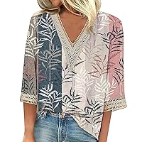 3/4 Sleeve Tops for Women Hollow V Neck Dressy Blouses Floral Print Layers Mesh Shirts Loose Fit Tunic Tops
