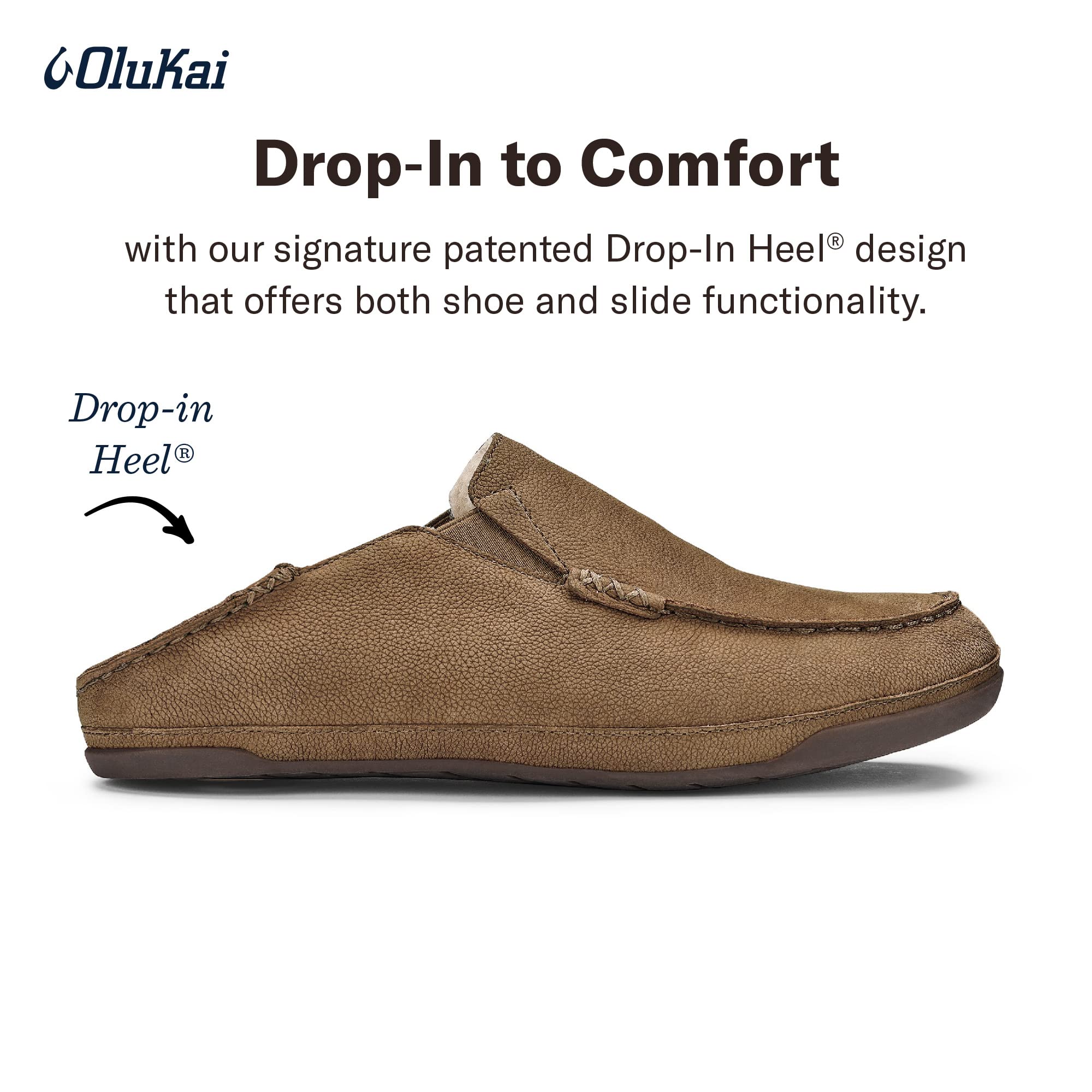 OLUKAI Kipuka Hulu Men's Leather Slippers, Premium Nubuck Leather Slip On Shoes, Shearling Lining & Gel Insert, Drop-In Heel Design