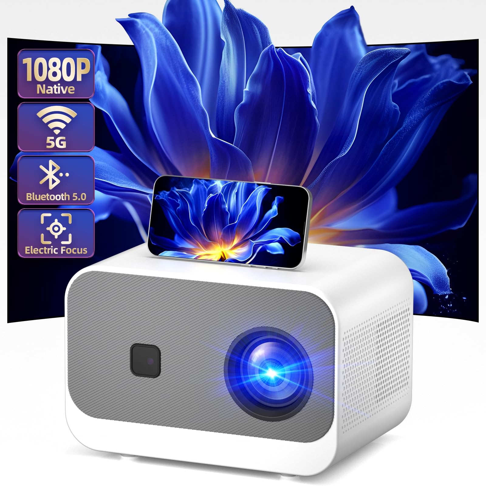 [Electric Focus] 18K Native 1080P Mini Bluetooth Projector 4K Support, 5G WiFi FULL HD 1080P Portable Video Projector Max 300” Display |ZOOM 50%|, Outdoor Movie Projector for HDMI/USB/AV/TV Stick/PS4
