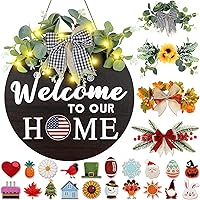 Interchangeable Welcome Sign for Front Door, Christmas Wreaths for Front Door with 4 Seasonal Wreaths and 21 Changeable Icons for Christmas Door Decor