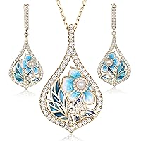 Evabelle Butterfly Earrings and Necklace Jewelry Set Handmade Flower Enamel Pearl Earrings 14K Gold Plated Cubic Zirconia Floral Vintage Drop Dangle Earrings and Necklace for Women for Birthday Valent
