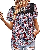 Womens T Shirts Summer Short Sleeve Tops Ethnic Style Floral Printed Hollow Out Patchwork Crewneck Pullover Blouse Tunic