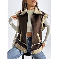 Women Jackets Zip Up Contrast Teddy Vest Jacket Women Jackets (Color : Chocolate Brown, Size : X-Small)