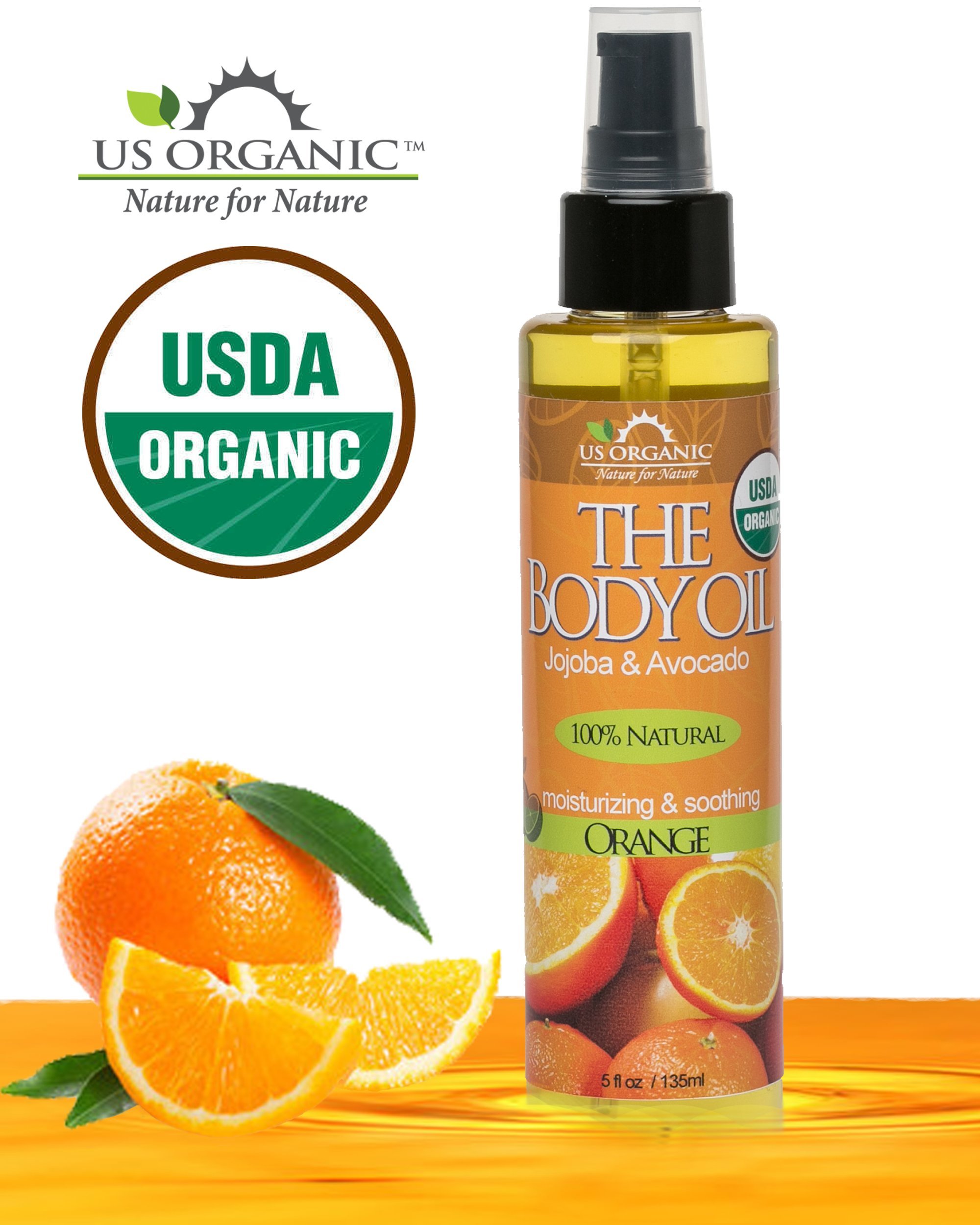 US Organic Body Oil - Fresh Orange - Jojoba and Avocado Oil with Vitamin E, USDA Certified Organic, No Alcohol, Paraben, Artificial Detergents, Color or Synthetic perfumes, 5 Fl.oz. (Orange)