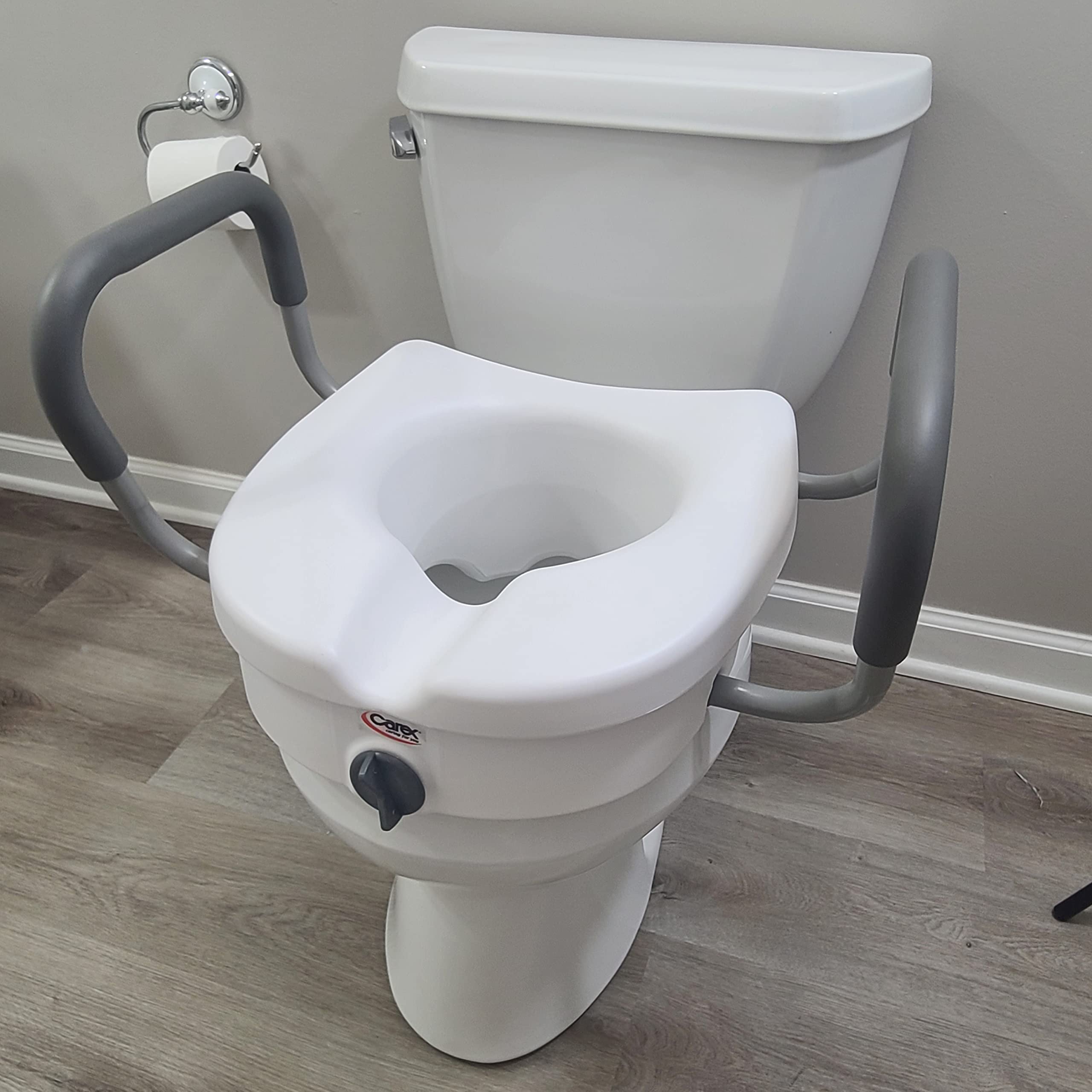 Carex EZ Lock Raised Toilet Seat with Handles, 5 Inch Elevated Handicap Toilet Seat Riser with Arms, Fits Most Toilets
