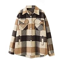 Women Flannel Wool Blend Plaid Button Down Shirt Jacket Shacket Casual Lapel Loose Oversize Blouse Cardigan Coat