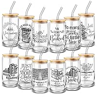 12 Pcs Graduation Gift Book Lovers Gifts 16 oz Glass Cups, Library School Can Shaped Glass Cup with Bamboo Lid Glass Straw for Women Men Teacher Readers Book Club Librarians Appreciation Gift