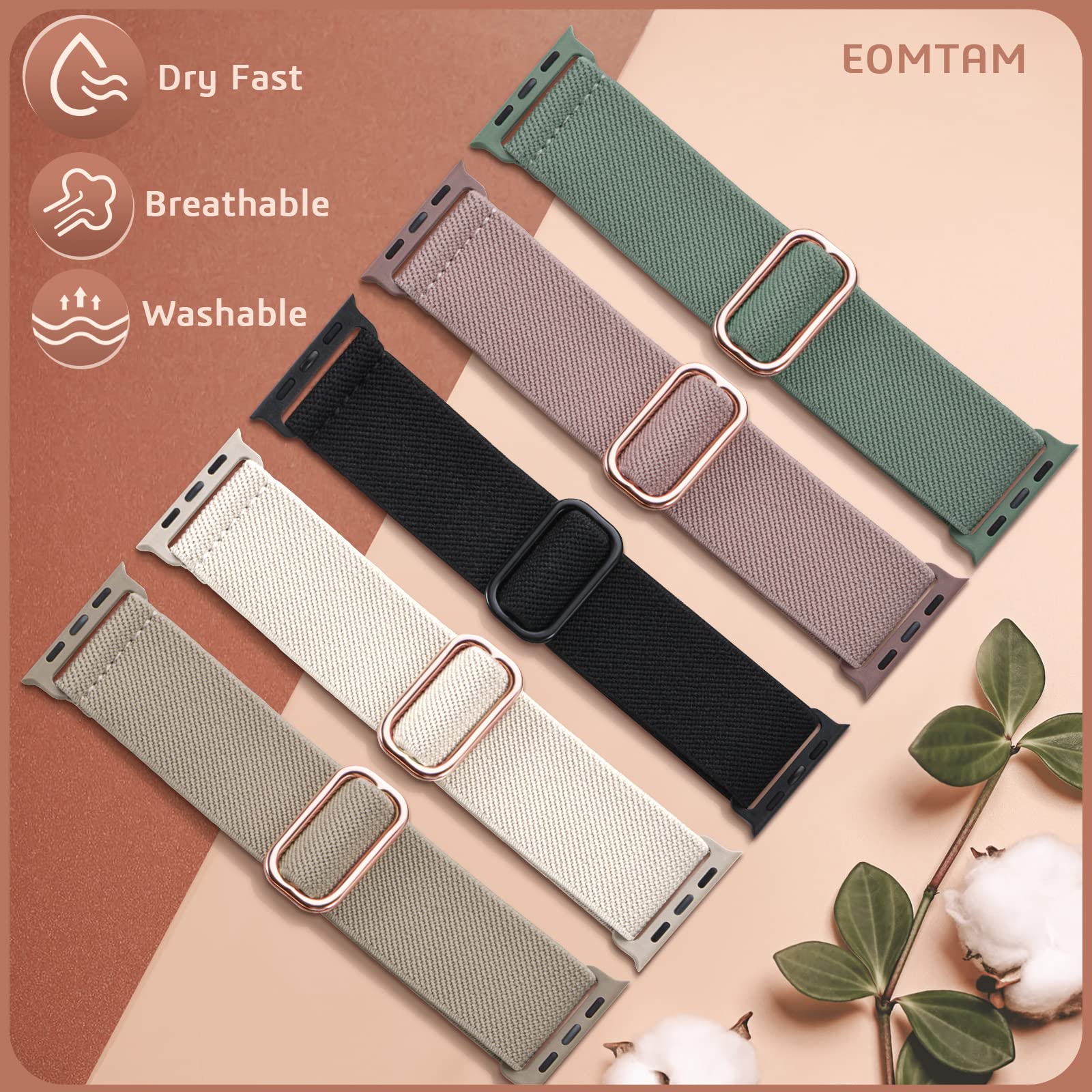 EOMTAM 5 Pack Stretchy Nylon Bands Compatible for Apple Watch 38mm 40mm 41mm 42mm 44mm 45mm Women Men, Adjustable Sport Braided Wristbands Solo Loop Straps for iWatch Series 8 7 6 SE 5 4 3