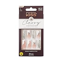 KISS Classy Press On Nails, Nail glue included, 'Stay Modish', Light White, Long Size, Square Shape, Includes 30 Nails, 2g glue, 1 Manicure Stick, 1 Mini File