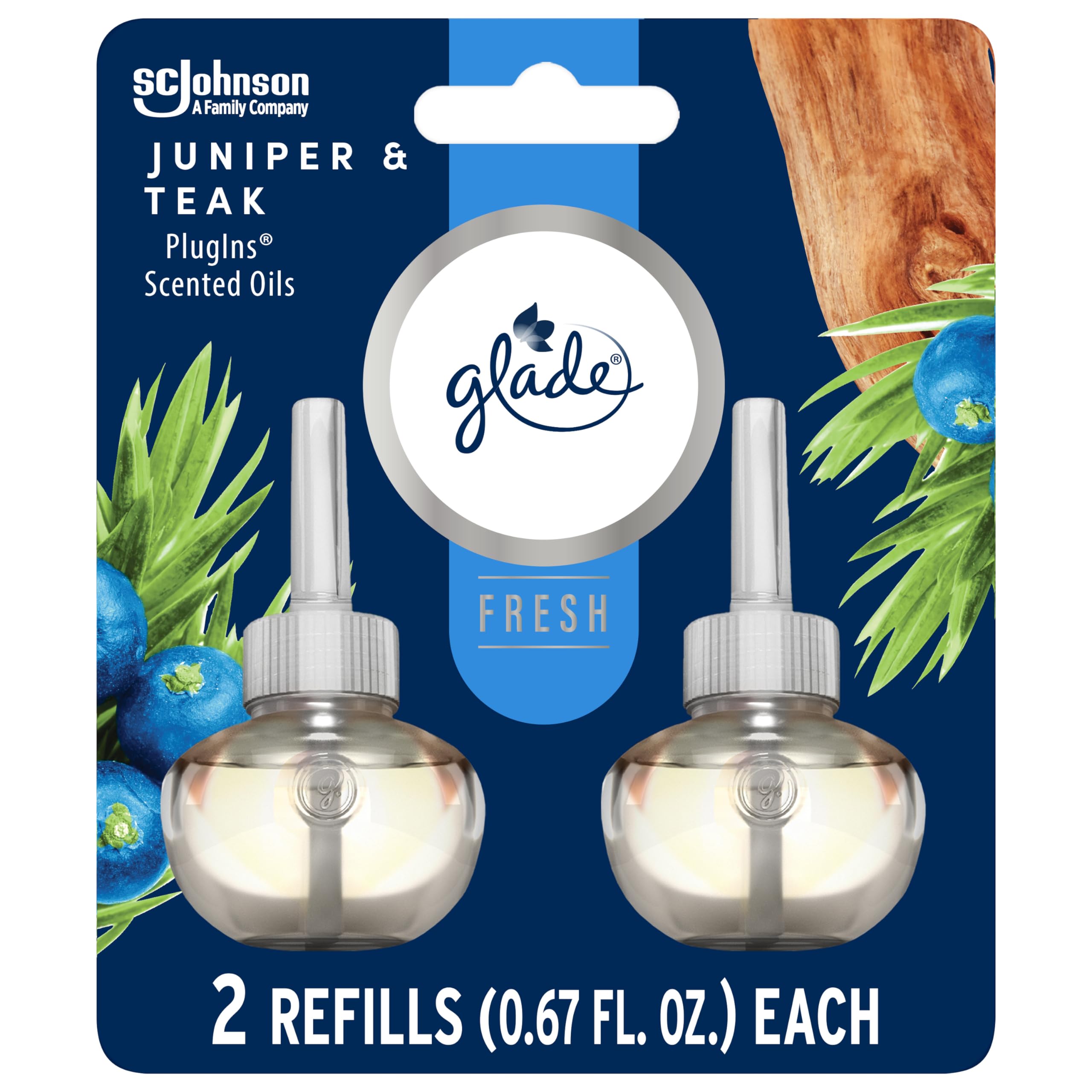 Glade PlugIns Refills Air Freshener, Scented and Essential Oils for Home and Bathroom, Juniper & Teak, Fresh Collection 1.34 Fl Oz, 2 Count