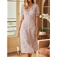 Women's Dress Ditsy Floral Print Puff Sleeve Dress Summer Dress (Color : Multicolor, Size : X-Small)