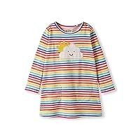 Organic Cotton Applique Baby Infant Toddler Girl Dress - Long Sleeve - Blue/Rainbow Stripes - Pockets (0-4 Years)
