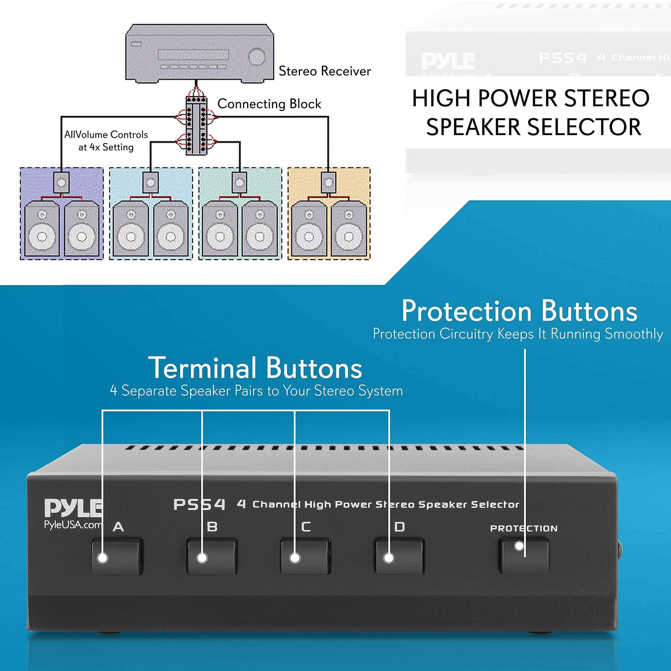 Pyle Home 4-Zone Channel Speaker Switch Selector-Premium New & Improved Switch Box Hub, Distribution Box for Multi-Channel High Powered Stereo Amp A/B/C/D Switches, 4 Pairs Of Speakers, Black - PSS4