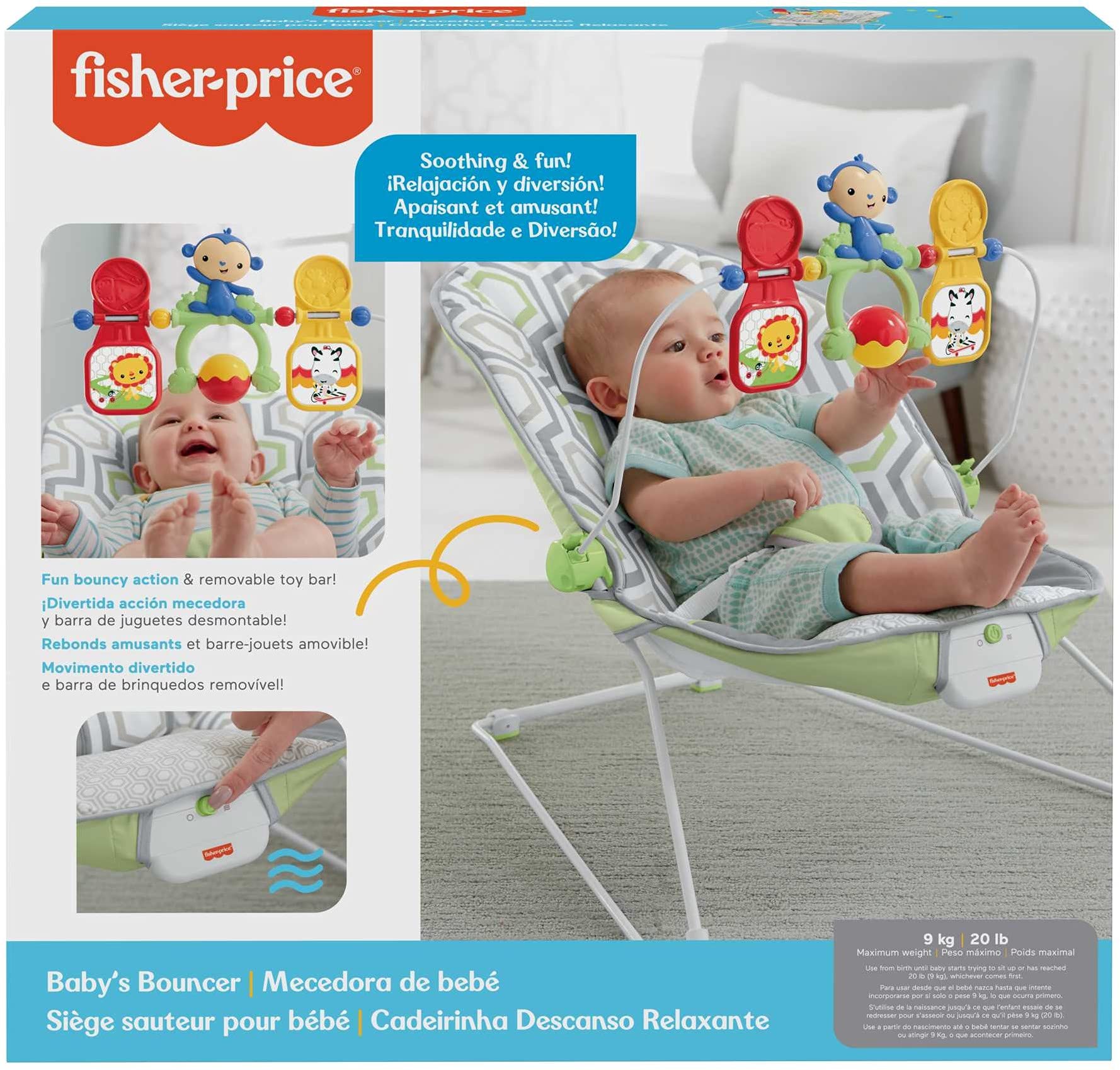 Fisher-Price Baby's Bouncer Geo Meadow, Portable Infant Soothing and Play seat with Toys and Vibrations