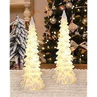 Tabletop Christmas Tree Decoration 8.3'' Tall - Set of 2 Mini White Resin LED Trees with Intricate Details Figurines - Indoor Holiday Light Decor and Xmas Gift (Trees)