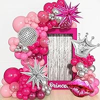 145Pcs Princess Pink and Silver Balloon Garland Arch Kit, Hot Pink Confetti 4D Star Disco Ball Crown Balloons for Girls Women Bridal Baby Shower Makeup Bachelorette Birthday Party Decors