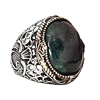 Sterling silver Men Ring, Natural Emerald Cabochon Gemstone, FREE EXPRESS SHIPPING