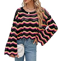 Women's Long Sleeved Knitted Sweater Casual Loose Wave Pattern Hollow Short Knitted Sweater Pullover Top