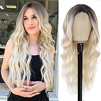 NAYOO Long wavy Wigs for Women Middle Part Wavy Curly Wig with Dark Roots Synthetic Heat Resistant Fiber Women Wigs for Daily Party Use (Ombre Platinum Blonde)