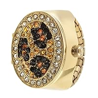Gold Leopard Print Crystal Cover Ring Watch with Expansion Stretch Stainless Steel Band One Size Fits Most