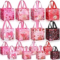 Wovnet 16 Pcs Valentine's Day Gift Bags Reusable Tote Bags with Handles Non Woven Gift Wrap Bags Valentine Goody Treat Bags for Valentine's Day Kids Gift Exchange Party Favor Supplies (Romantic Style)