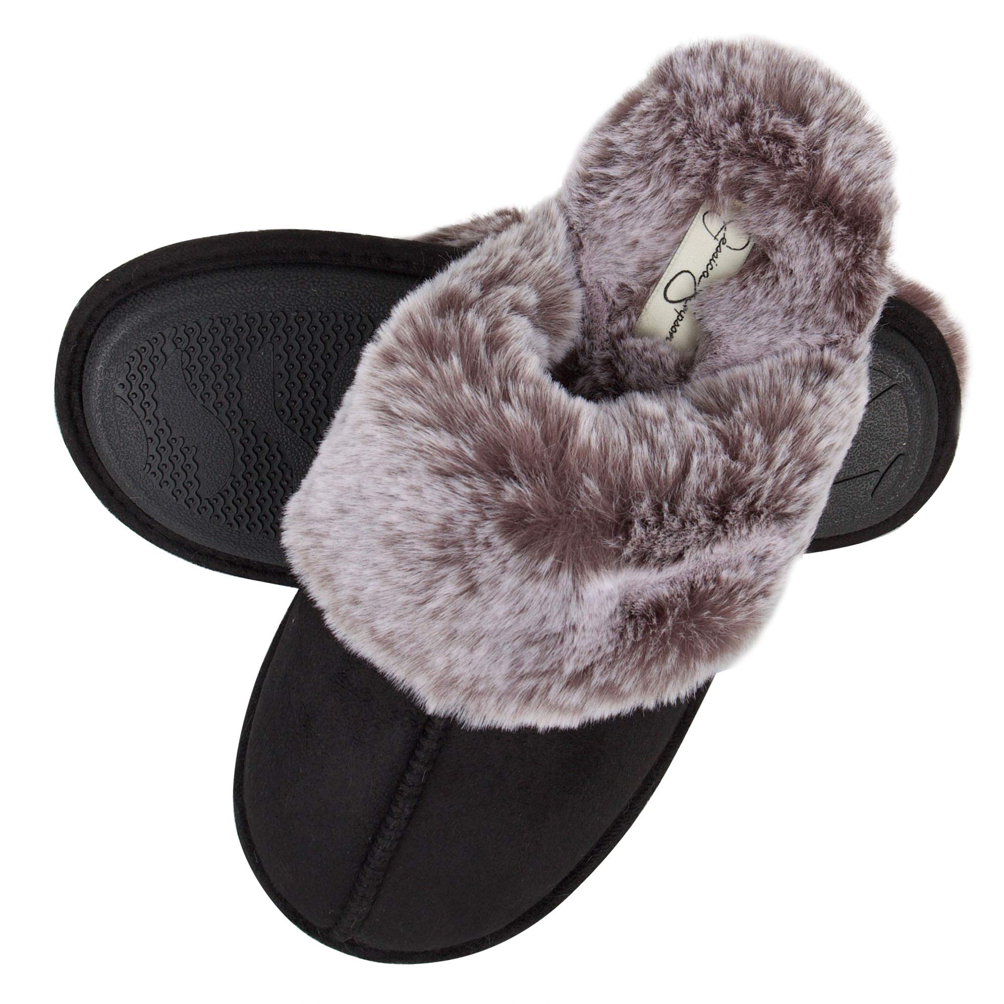 Jessica Simpson Women's Comfy Faux Fur House Slipper Scuff Memory Foam Slip on Anti-Skid Sole