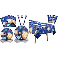 DECORLIFE Space Plates and Napkins Serve 24 with 3 Pack Space Tablecloths