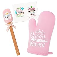 GROBRO7 Oven Mitts Silicone Scraper Greeting Card Set Pink Cooking Gift Queen of The Kitchen Heat Resistant Glove with Hanging Loop Wooden Handle Spatula for Woman Birthday Anniversary Baking Present