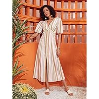 TLULY Dress for Women Colorful Striped Fake Button Tassel Detail Puff Sleeve Slit Hem Dress (Color : Multicolor, Size : Small)
