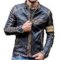 Mens Distressed Real Leather Motorcycle Jacket with Armored Padding Cafe Racer Style Biker Vintage Racing Jacket