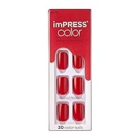 KISS imPRESS No Glue Mani Press On Nails, Color, 'Reddy or Not', Red, Short Size, Squoval Shape, Includes 30 Nails, Prep Pad, Instructions Sheet, 1 Manicure Stick, 1 Mini File
