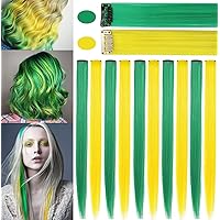 Multi-colored Hair Extensions Colored Party 21inch Highlights Straight Green Yellow Hair Extension Clip In/on For girls and Women Costume Wig Pieces 10 PCS (Green Yellow)