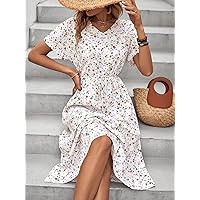 TLULY Dress for Women Ditsy Floral Print Drawstring Waist Ruffle Hem Dress (Color : Apricot, Size : Small)