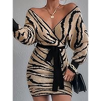 Sweater Dress for Women Zebra Striped Pattern Batwing Sleeve Belted Sweater Dress Sweater Dress for Women (Color : Apricot, Size : Large)