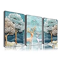 SERIMINO Framed Wall Art for Living Room Nordic Elk Foggy Forest Wall Decor Blue Abstract Animal Landscape Pictures Artwork for Bedroom Bathroom Prints Paintings for Home Decorations