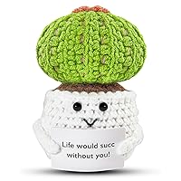 Handmade Emotional Support Pickle Gift, Cucumber Crochet Doll Inspirational Gifts with Wooden Base, Cute Knitted Cucumber Doll Funny Pickle Toy (Positive Cactus)