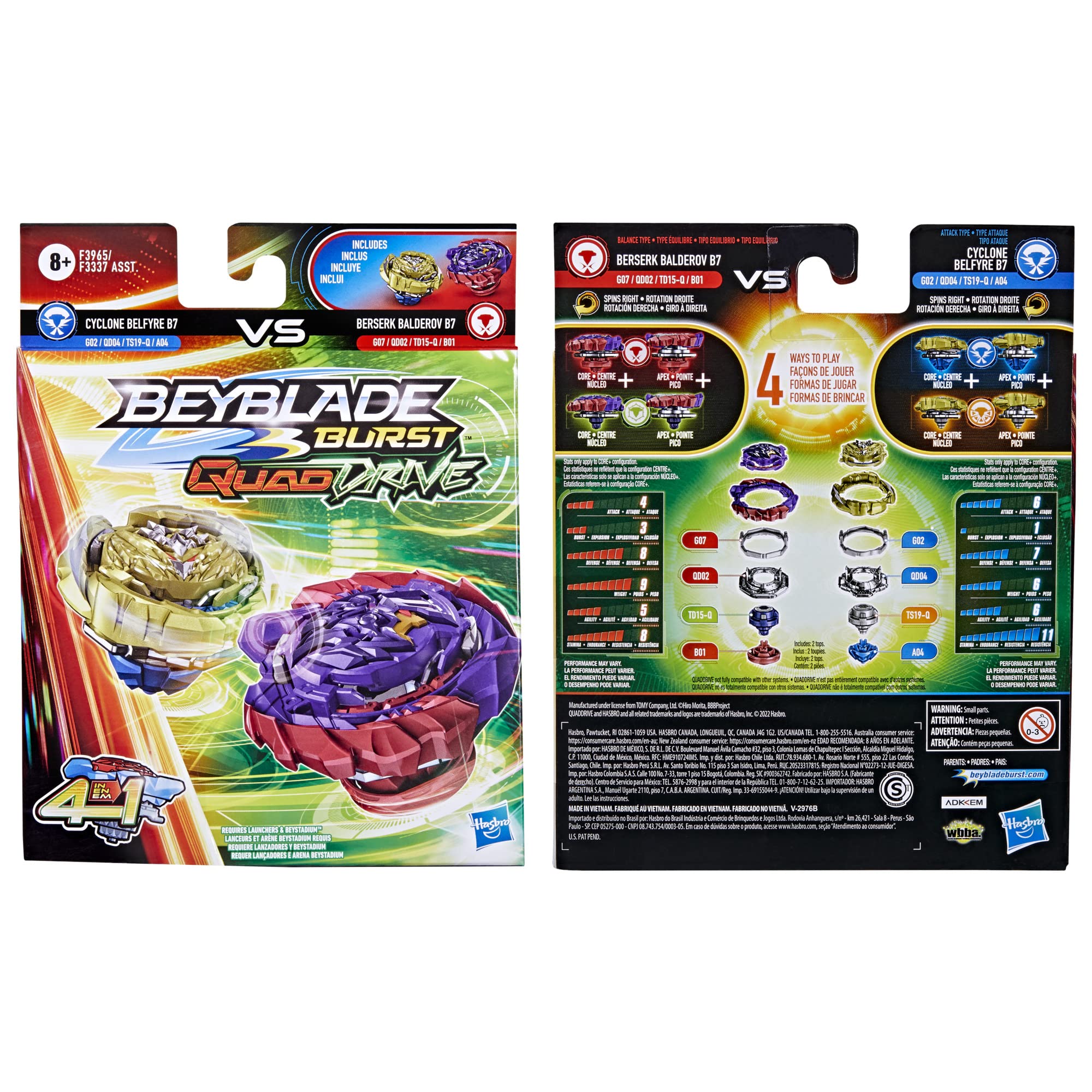 Beyblade Burst QuadDrive Berserk Balderov B7 and Cyclone Belfyre B7 Spinning Top Dual Pack -- 2 Battling Game Top Toy for Kids Ages 8 and Up